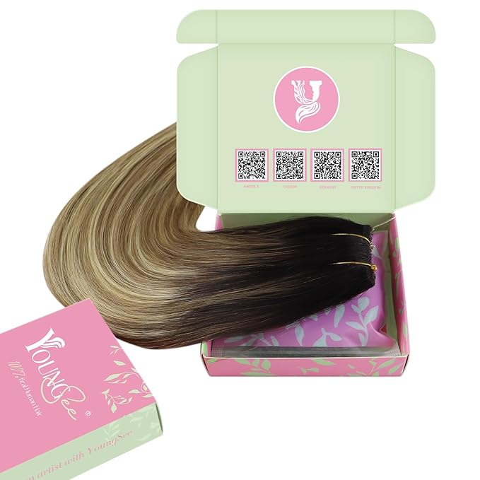 YoungSee 130G Wire Hair Extensions Real Human Hair Brown Balayage Human Hair Wire Extensions Dark Roots to Medium Brown with Blonde Headband Hair Extensions for Women 20In