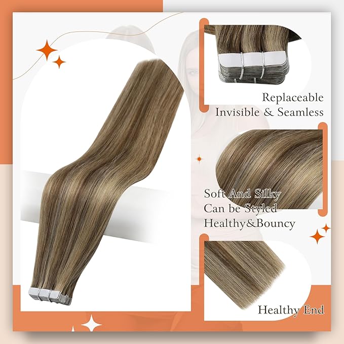 Full Shine Brown And Blonde Tape in Hair Extensions Human Hair Color 4 Brown Highlight 27 Blonde Tape in Extensions 24Inch Long Straight Extension 50G 20Pcs Soft Skin Weft