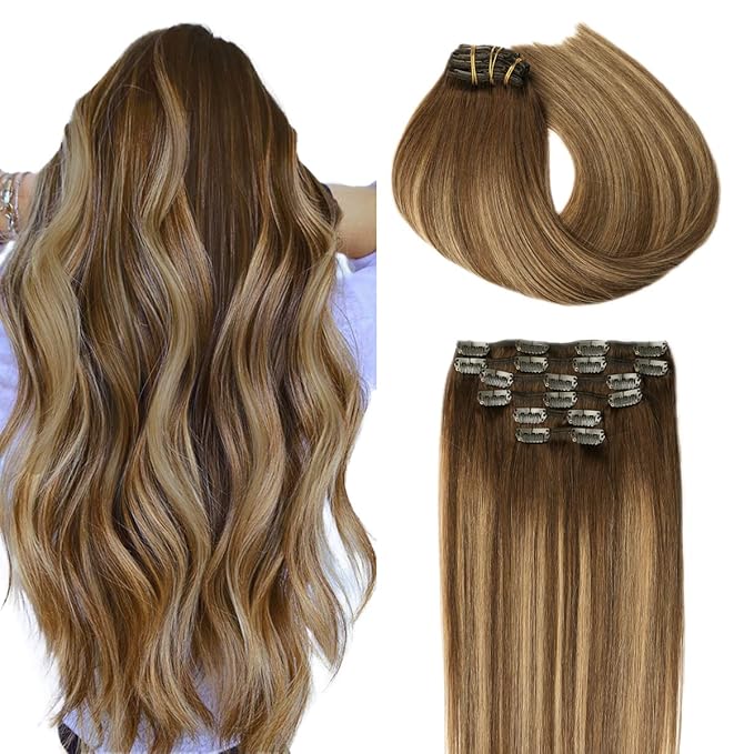 SURNEL Clip in Extensions Human Hair Balayage Chocolate Brown to Caramel Blonde Clip in Hair Extensions 18 Inch 6pcs 120g Hair(#4/27/4,18'')