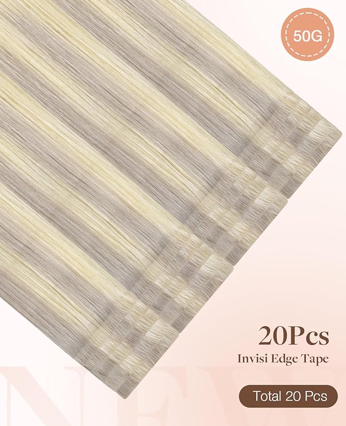 GOO GOO Invisi Edge Tape in Hair Extensions Human Hair, 17/22/60 Balayage Ash Blonde to Golden Blonde and Platinum Blonde, 20pcs 18inch 50g, Virgin Remy Hair, Seamless Injected Tape, Natural Look