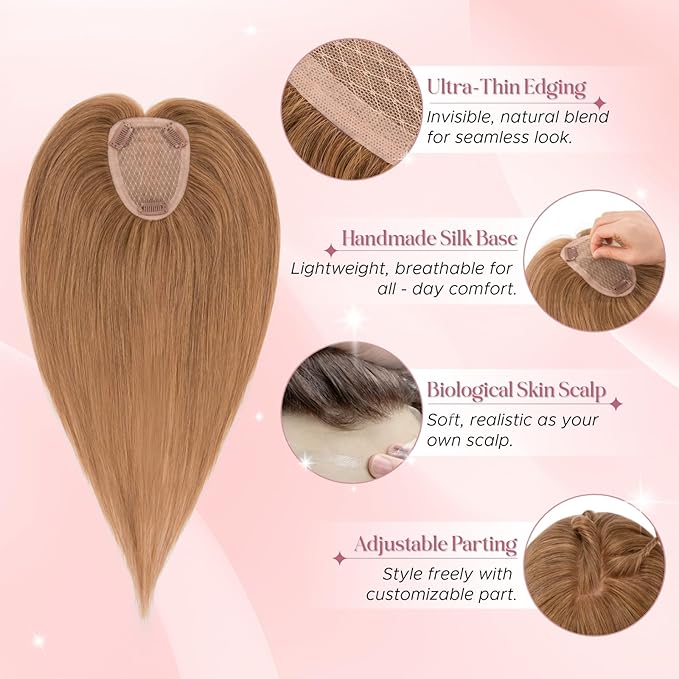 Real Human Hair Toppers for Women 3.54"*4.72" Silky Base 150% Density No Bangs Adjustable Parting Clip-In Topper Hairpieces for Women with Thinning Hair 10 Inches Light Brown