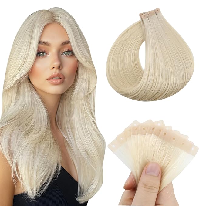 Full Shine Blonde Tape in Hair Extensions Human Hair Tape in with Holes Color 60 Bleach Blonde 20Pcs Tape in Extensions 30G 12Inch Skin Weft Invisible Seamless for Women Glueless Brazilian