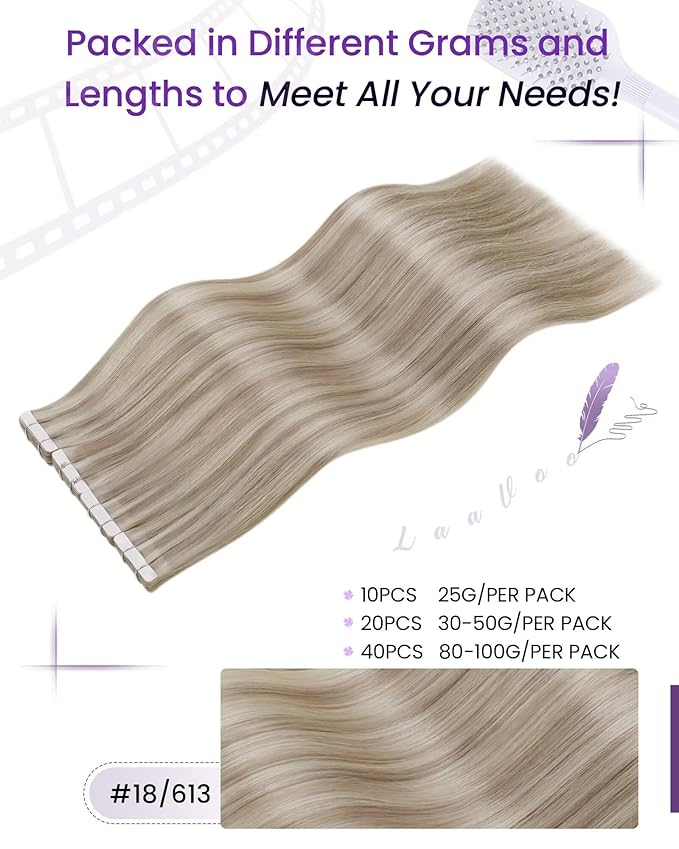 LaaVoo Tape in Hair Extensions Human Hair Blonde Tape in Extensions Human Hair Bleach Blonde Highlights with Ash Blonde50G 20Pcs 16Inch