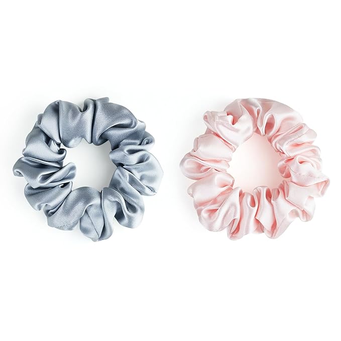 22 Momme 100% Mulberry Silk Scrunchies (2 Pack, Silver, Light Pink), Well-Hold Elastic for No-Damage, Soft Hair Ties, 6A Grade, OEKO-TEX Certified, Reduces Frizz & Breakage