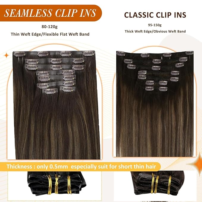 Full Shine Seamless Clip in Hair Extensions 22 Inch Dark Brown Balayage to Light Brown with Caramel Blonde Real Human Hair Straight Hair for Long 8 PCS 120 G
