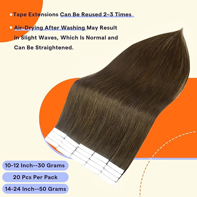 Full Shine Tape in Hair Extensions 50G Color 4 Brown Natural Seamless Skin Weft Hair Extensions Real Human Hair Tape in 20 Inch Invisible Straight Remy Extensions for Women Real Hair 20PCS