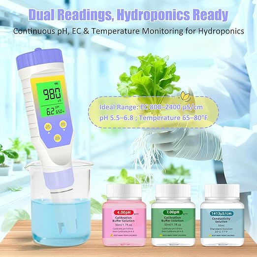 pH Meter for Water Hydroponics, 5-in-1 pH TDS EC Salt Tester for Water Nutrient Solution, Simultaneous Display of pH EC Temp for DWC Reservoir Tank, Aeroponic Garden, Growing System