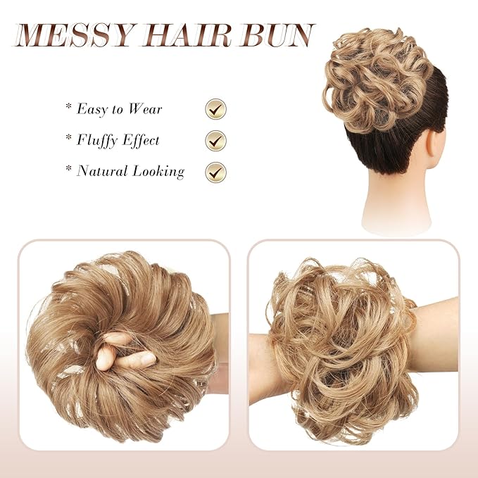FESHFEN Messy Bun Hair Piece - Elastic Wavy Curly Hair Bun Scrunchies Extensions Synthetic Chignon Hairpieces for Women Girls, Strawberry Blonde 1.5 oz