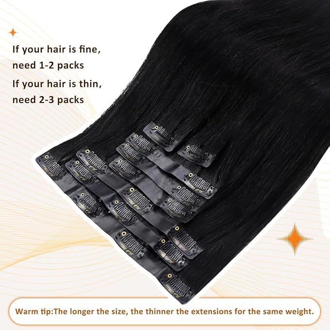 Full Shine Human Hair Clip in Extensions Black 14 Inch Seamless Hair Extensions Clip in Black Straight Invisible Human Hair Full Head Ease of Use 8 PCS 120 G