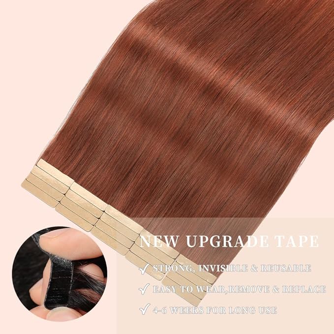 Tape in Hair Extensions Human Hair Auburn Brown Remy Hair Extensions 20pcs 14 Inch Straight Invisible Human Hair Tape in Extensions Skin Weft Tape Extensions Human Hair (#A33,14 Inch)