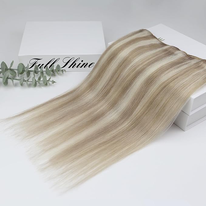 Full Shine Blonde Clip in Hair Extensions Highlights Light Blonde Real Human Hair 16 Inch Invisible Human Hair Clip ins for Women Natural Hair Add Volume 60 Grams 3Pcs