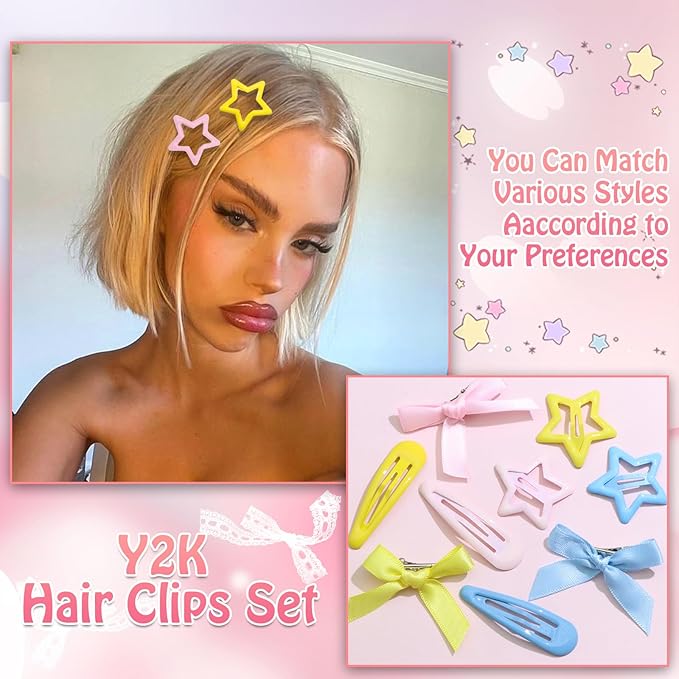 36Pcs Pink Mini Hair Bows Blue Water Drop No Slip Hair Clips Star Snap Hair Barrettes for Women Yellow Small Bows for Hair Star Bowknot Hair Accessories for Teens Girls
