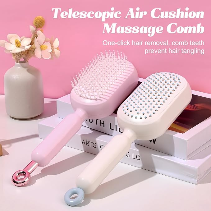 Self Cleaning Hair Brush, Retractable Hair Brush, Massage Comb With Retractable Bristles,Ergonomic Handle Hair Comb,One-pull Clean Anti Static Brushs, Hairs Styling Tools for All Hairs Types (Pink)