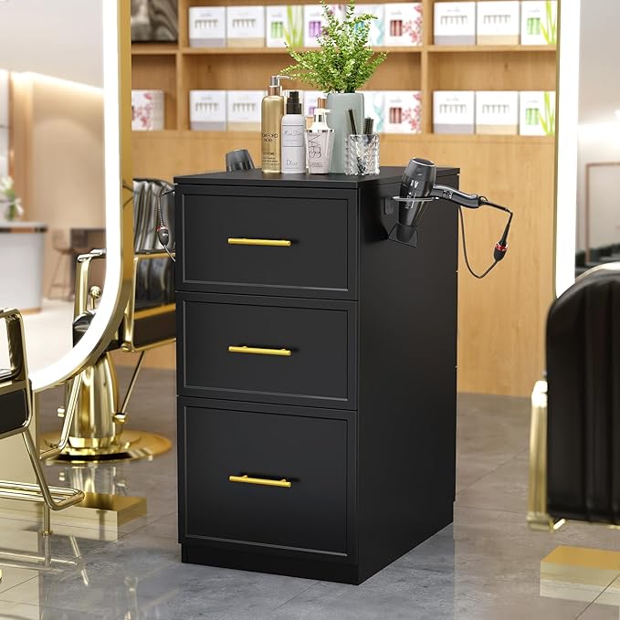 OmySalon Salon Stations for Hair Stylist, Double-Sided Barber Station with 6 Drawers & 2 Dryer Holders, Modern Hair Styling Cabinet for Beauty Salon Barbershop, Black