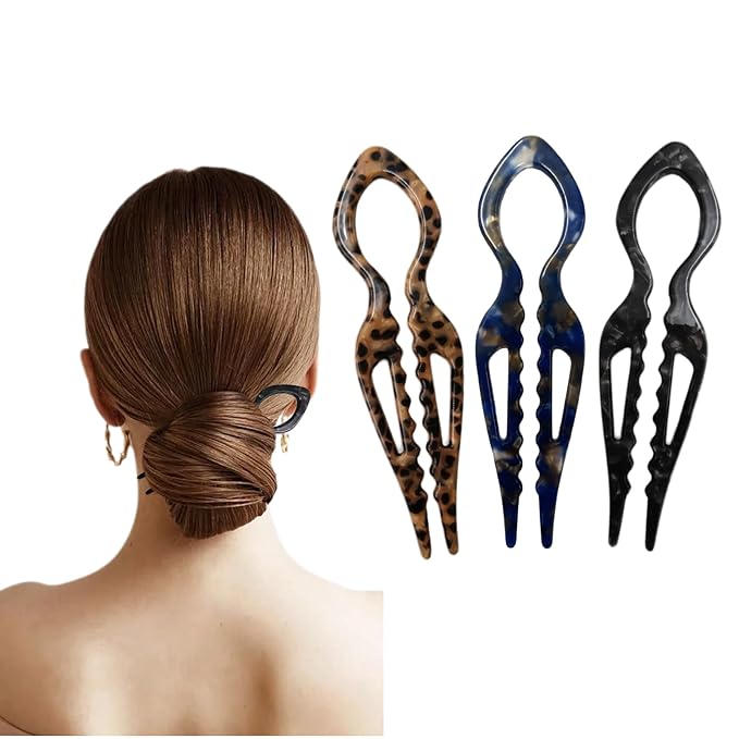 Prestige Hair Pins for Women,French U-Shaped Hair Pin 3Pc Elegant Women Hair Accessories Suitable for Thick or Thin Hair (Pink, Blue, Starry gray)