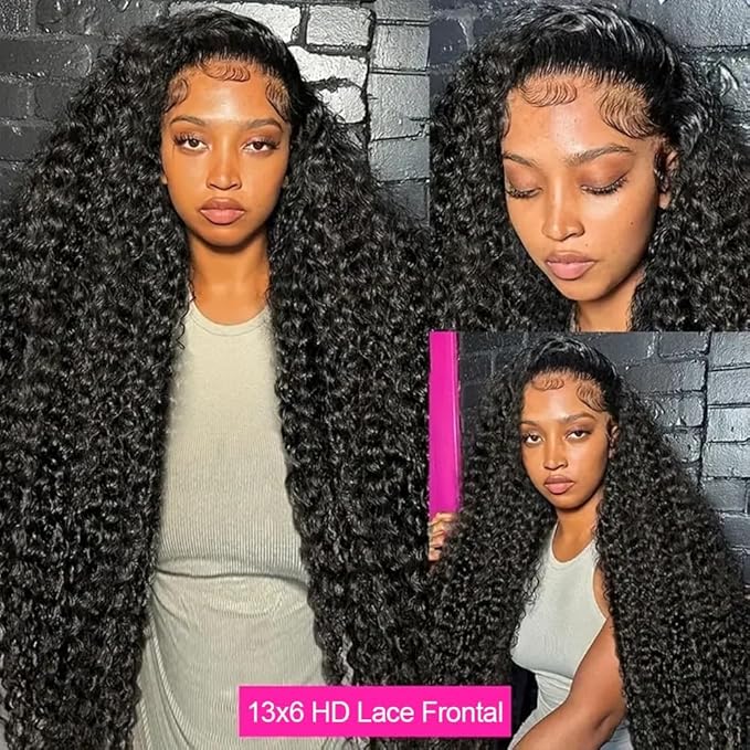 38 Inch Deep Wave Lace Front Wigs Human Hair 13x6 HD Lace Frontal Wigs for Women 200% Density Deep Curly Human Hair Wigs Pre Plucked with Baby Hair Glueless Wigs Natural Color