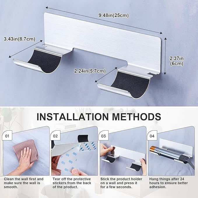 Hair Dryer Holder Wall Mount Blow Dryer Holder, Adhesive Straightener Holder, Curling Iron Holder for Bathroom Salon Barber Shop Hotel, Hair Tools Organizer Storage (Silver)