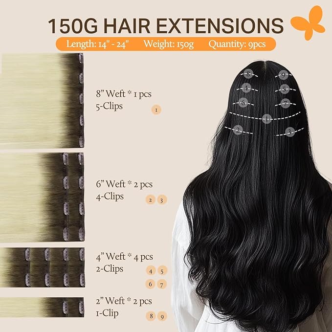 DOORES Clip in Extensions, Light Ash Brown to Ash Blonde 24 Inch, 150g 9pcs, Thick Straight Non Razor Cut Natural Human Hair