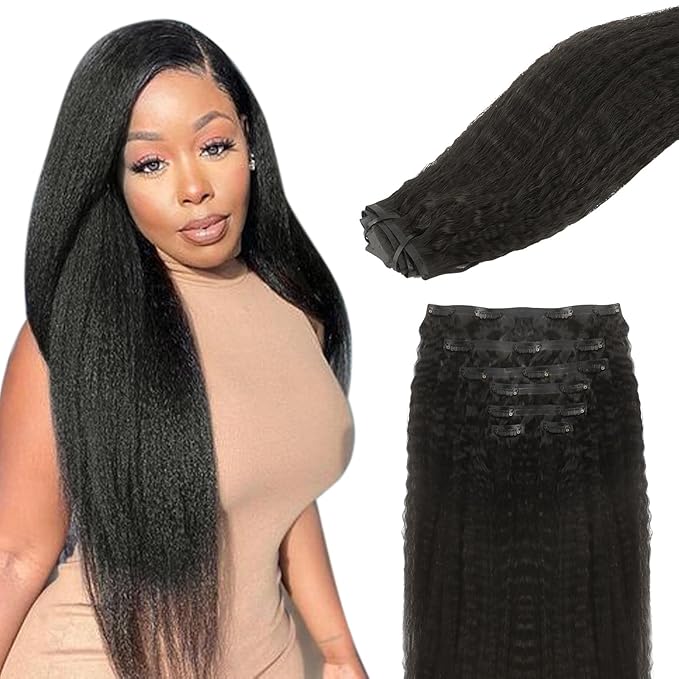 Lashey Seamless Clip in Hair Extensions Human Hair Kinky Straight 110g 24 Inch Clip in Hair Extensions Real Human Hair Natural Black Soft Invisi Edge for Women