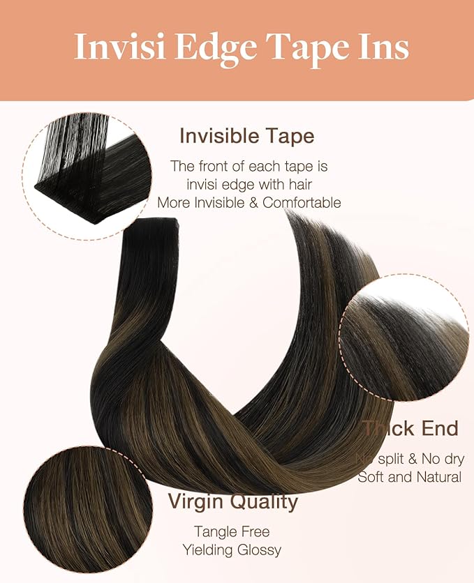 GOO GOO Invisi Edge Tape in Hair Extensions Human Hair, 1B/6/1B Balayage Natural Black to Chestnut Brown, 20pcs 20inch 50g, Virgin Remy Hair, Seamless Injected Tape, Natural Look
