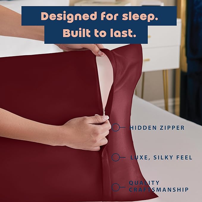 BLISSFORD Satin Pillowcase with Zipper, for Hair and Skin Care, Feels Soft and Cool Like a Silk Pillowcase, Satin Pillow Cases 2 Pack, Slik Pillow Cover, Burgundy, Standard, Set of 2