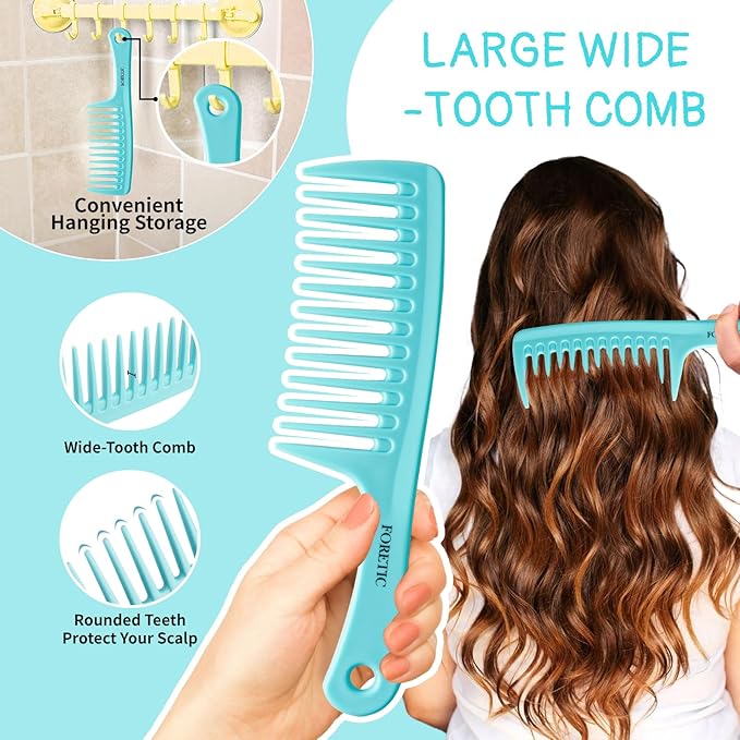 Hair Comb 3-in-1 Plastic Hair Comb Set For Women, Men - Wide Tooth, Rat Tail, and Regular Tooth Detangling Hair Combs for All Hair Types-Blue