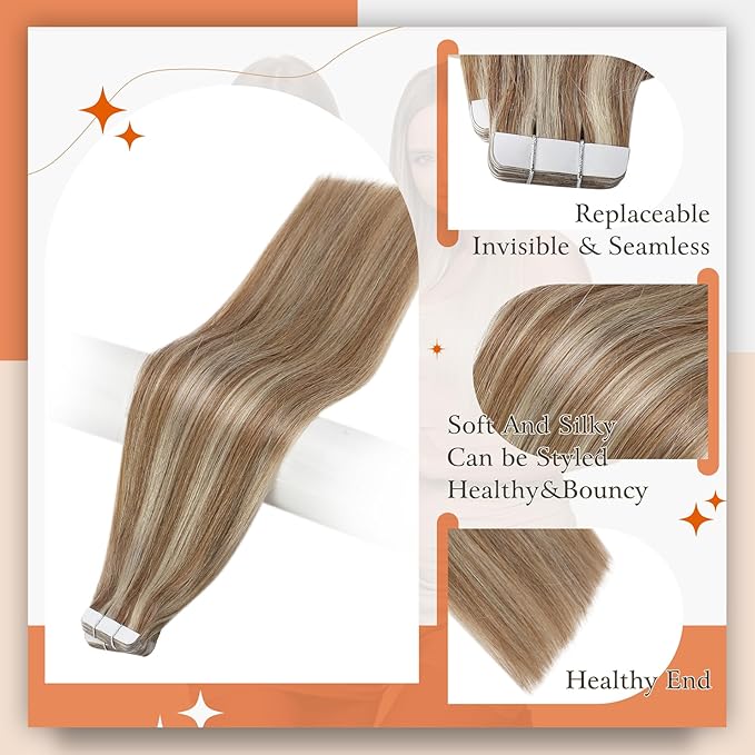 Full Shine Tape in Hair Extensions Human Hair Color 10P613 Golden Brown Highlighted Bleach Blonde Tape in Extensions 20 Inch Hair Extensions Tape ins Natural Invisible Skin Weft Hair 50G 20pcs