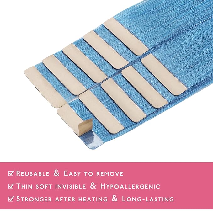 WENNALIFE Tape in Hair Extensions Human Hair SkyBlue Tape in Extensions, 10pcs 25g 14 inch Remy Invisible Tape Ins Straight Colored Soft Real Human Hair Tape in Extensions Refill Set Extensions