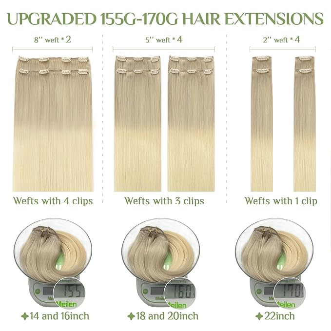 DOORES Hair Extensions Clip in Human Hair, 10pcs 160g 18 Inch Balayage Ash Blonde to Golden Blonde and Platinum Blonde Clip in Hair Extensions Straight Natural
