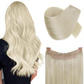 RUNATURE Wire Hair Extensions Real Human Hair, Invisible Fish Line Hair Extensions, Platinum Blonde Natural Hair with Transparent Wire, Easy to Apply 14 Inch 70g #60