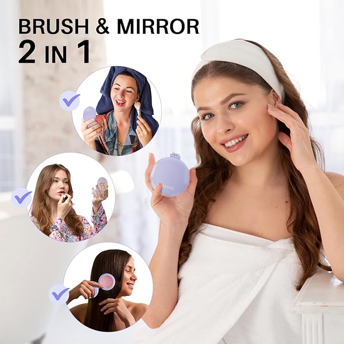 RHOS Hair Brush with Mirror for Women, Girls - Compact Folding Brush with Soft Nylon Bristles and Mirror - Portable Hair Brush for Travel (Purple)