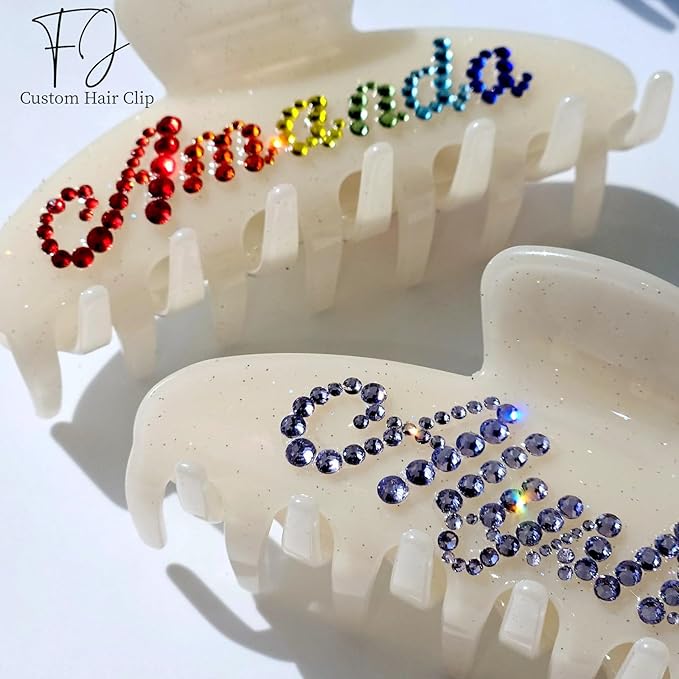 Personalized Colorful Name Hair Claw Clips for Women,Custom Hair Clips with Diamond,Cute Hair Accessories 4",Handmade Rhinestones Hair Clamp Gifts for Mom,Bride,Wife,Bridesmaid（Jelly White Glitter）