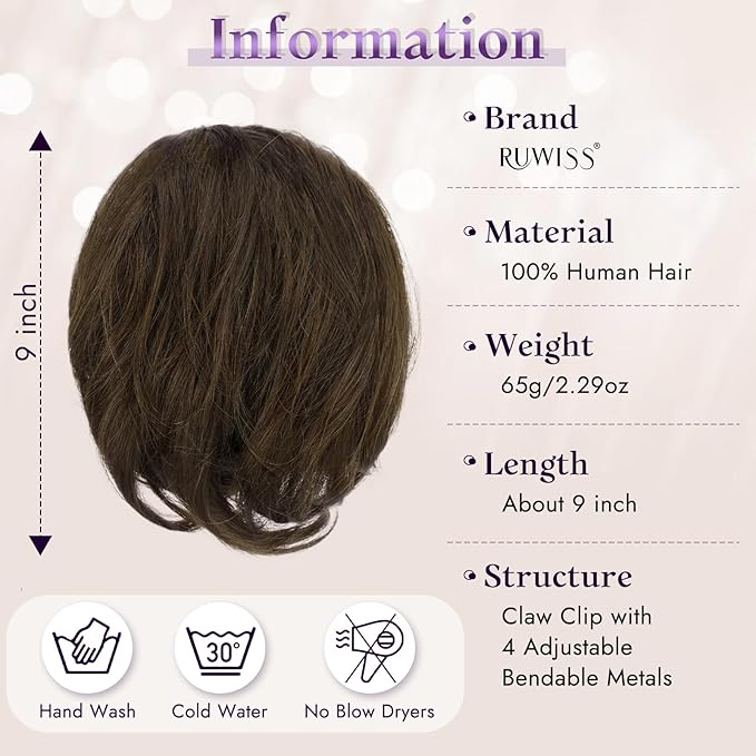 RUWISS Claw Clip Short Human Hair Ponytail Extension with Bendable Metals for DIY Styles, Straight Messy Bun Hair Piece for Women Thick Hairpieces for Daily Wear, 9 Inch Dark Brown