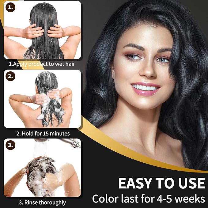 Black Dye Shampoo for Permanent Hair Color - Men&Women, Gray Coverage, Beard & Treated Hair, 3-In-1, 30 Days/500ml/Ammonia-Free/Natural Herbal