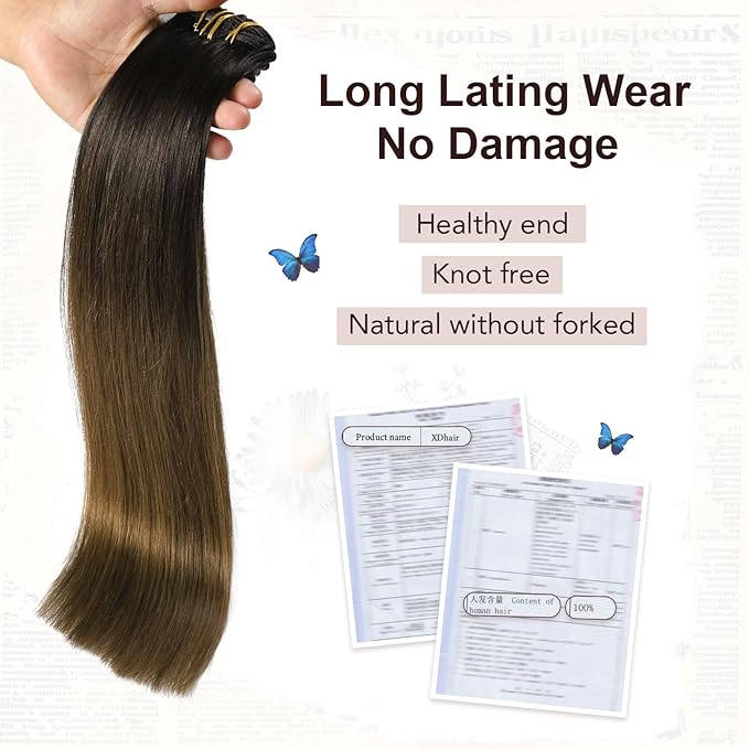 XDhair Clip in Hair Extensions Real Human Hair 100g 16 Inch 6Pcs Ombre Color Natural Black to Medium Brown Clip in Hair Extensions Natural Soft (#1BT4, 16 inch)