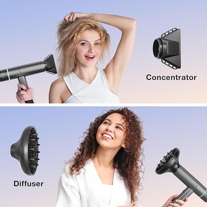 Ionic Hair Dryer with Diffuser and Concentrator, Professional Lightweight Quiet Blow Dryer, Powerful 1600 Watt Motor for Fast Drying and Straight & Wavy Hair, 3 Temps/2 Speeds, 6.56 Ft Cord, Grey