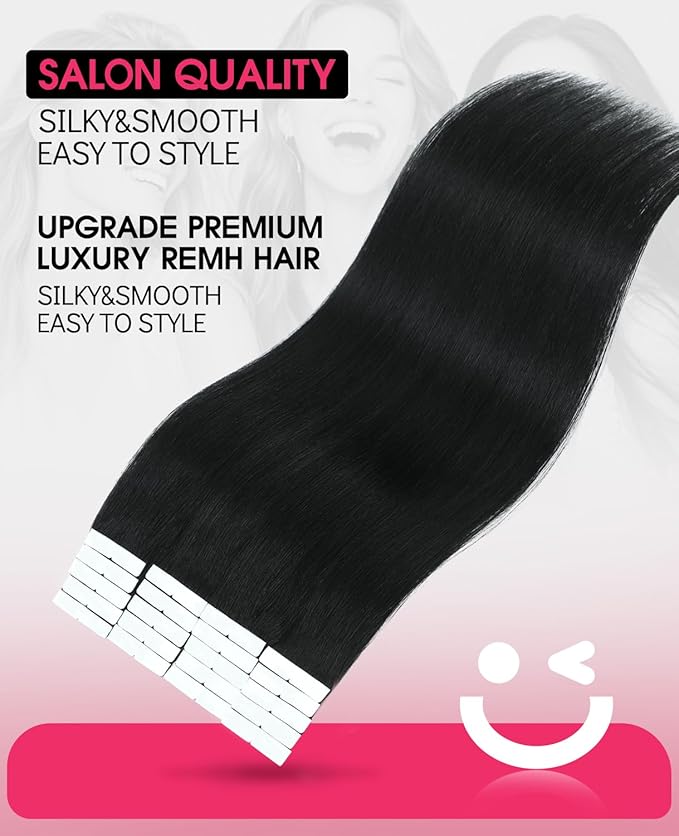 Youngsmile Injection Tape in Hair Extensions Real Human Hair, #1 Jet Black 14 Inch Invisible Edge Tape in Injected Hair Extensions, 20pcs 30g, Straight Remy Virgin Human Hair Tape ins (#1,14'')