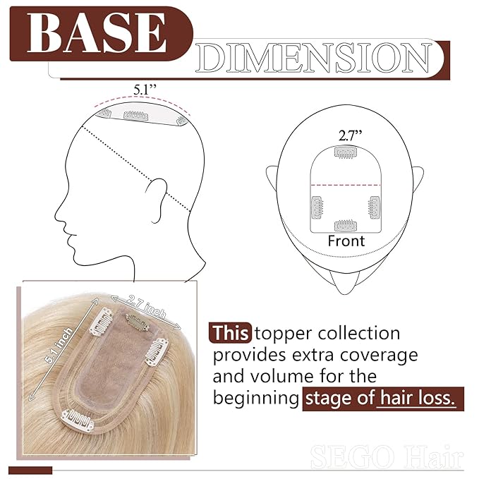 SEGO Real Human Hair Topper for Women, No Bangs Hair Topper with Anti-Slip Clips (14 Inches Ash Blonde Mix Bleach Blonde)