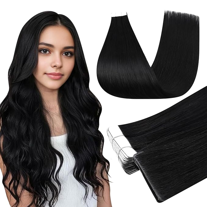 Full Shine Tape in Extensions Color 1 Black Injection Tape in Hair Extensions Machine Remy 24 Inch Invisible Skin Weft for Wedding Add Length 50 Grams 20 Pcs Soft Natural