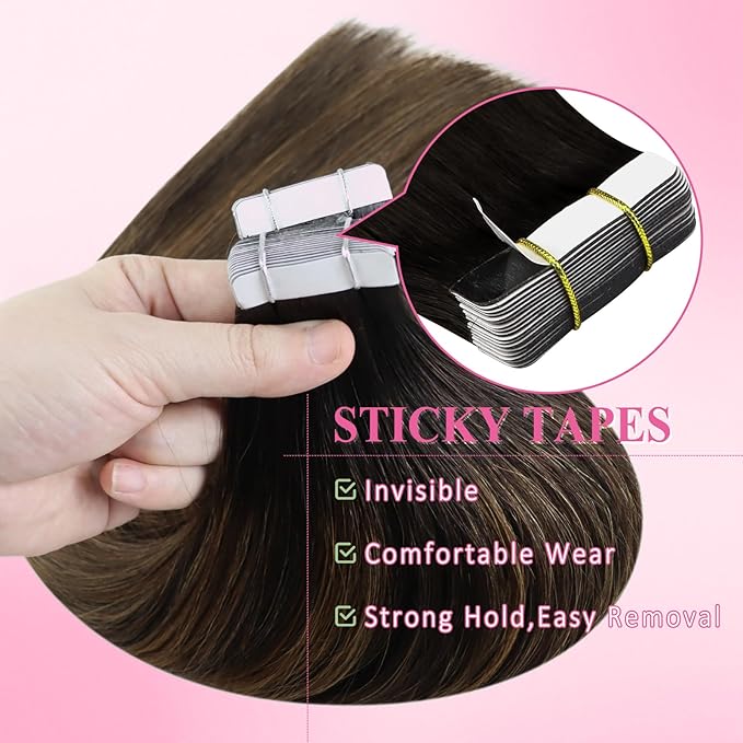 YoungSee Tape in Extensions Human Hair Balayage Tape in Hair Extensions Human Hair Dark Brown Mix Ash Brown Human Hair Tape-in Extension 22In Ombre Hair Extension Tape-in 20pcs 50g for Instant Length