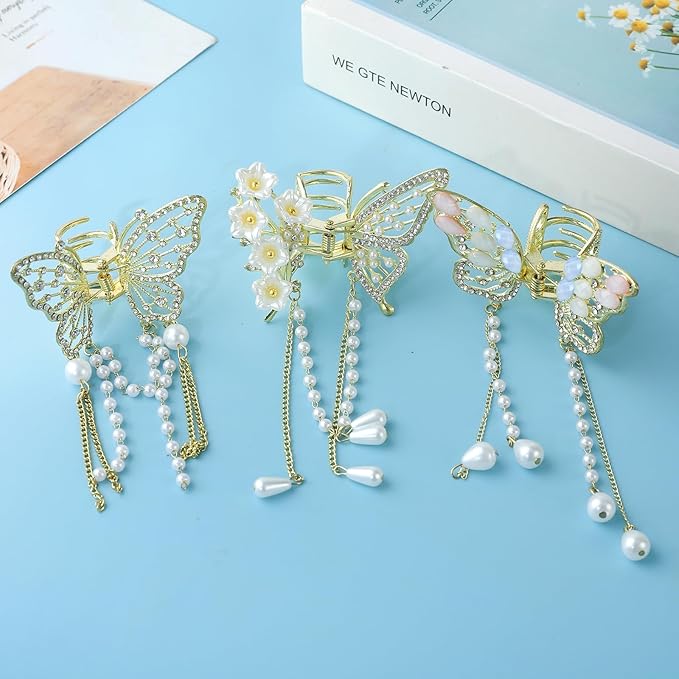 3PCS Butterfly Hair Claw Clip With Pearl and Rhinestone Tassel, Metal Small Hair Clips, Cute Hair Styling Accessories for Women and Girls, Gold