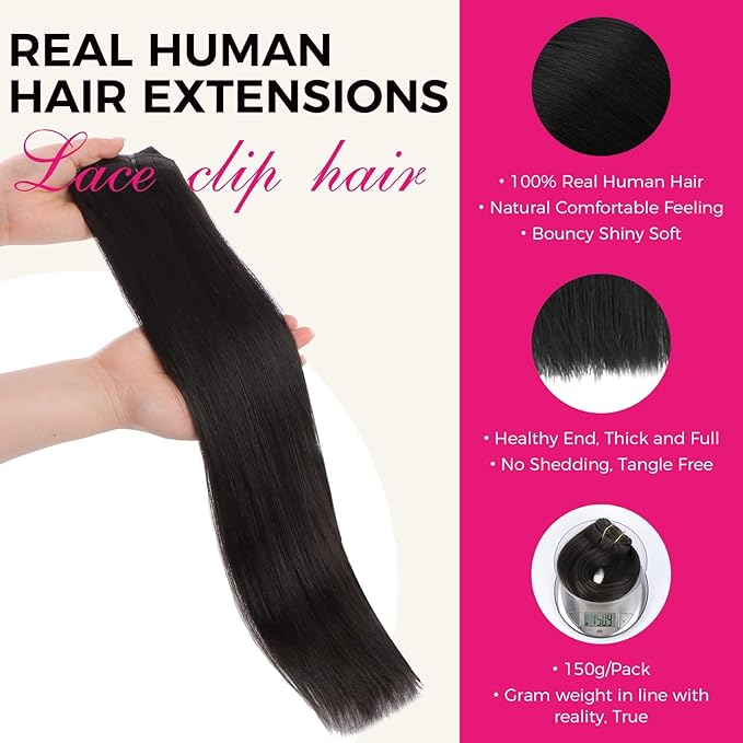 Lashey Clip in Hair Extensions, Straight 9pcs 150g Natural Black, 14 Inch Real Human Hair Thick Hair Extensions Clip ins for Black Women