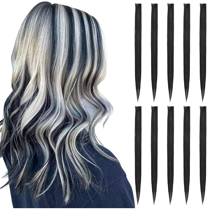 Black Hair Extensions Clip in for Kids Girls, 10 Pieces 22 Inch Long Straight Colored Streak Synthetic Accessories Hairpiece Clip ins, Play Party Highlights
