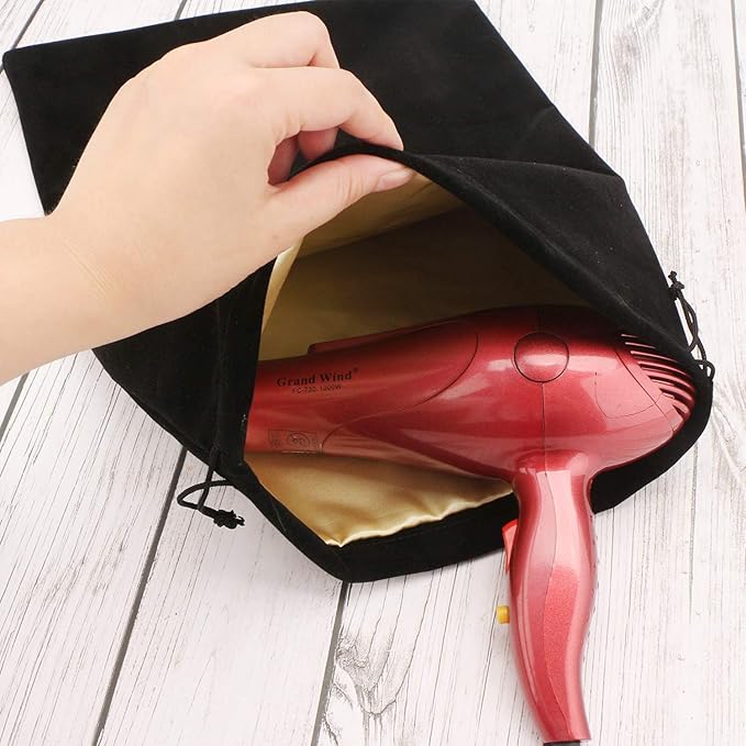 Segbeauty Large Hair Dryer and Garment Organizer Bag - Velvet Drawstring Pouch with Satin Liner, 11.8x15.7 inch, Black, for Diffuser, Straighteners, Clothes