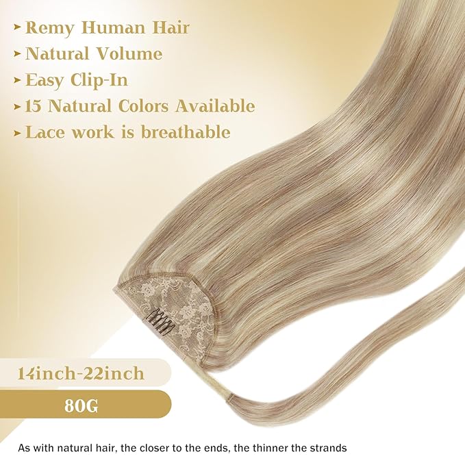 Ve Sunny Hair Extensions Ponytail Real Human Hair 80G Wrap Around Clip in Ponytail Hair Extensions Straight Extensions Human Hair for Women Blonde Highlights for Women Warm Color 14inch