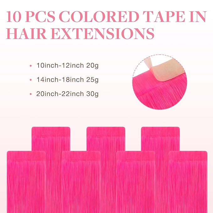 GOO GOO Tape in Hair Extensions Human Hair, Pink, 16inch 25g 10pcs, Colored Tape ins Human Hair Extensions, Silky&Soft Invisible Tape Ins, Hair Highlighted for Party