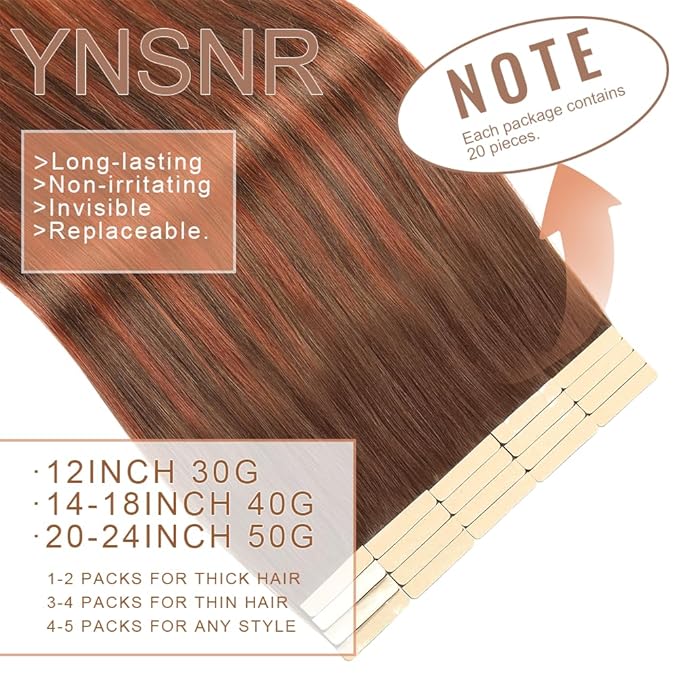 Chocolate Brown to Auburn Brown Tape in Hair Extensions Human Hair,14 Inch Human Hair Tape in Extensions 20Pcs Tape Ins Human Hair Extensions for Women Seamless Tape in Hair Extensions Real Human Hair