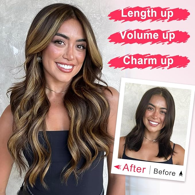 ALXNAN Long Wavy Hair Extensions for Women, Clip in Hair Extensions Clip Ins Soft Full Head Synthetic Hairpieces 16 Inch Balayage Chocolate Brown to Caramel Blonde