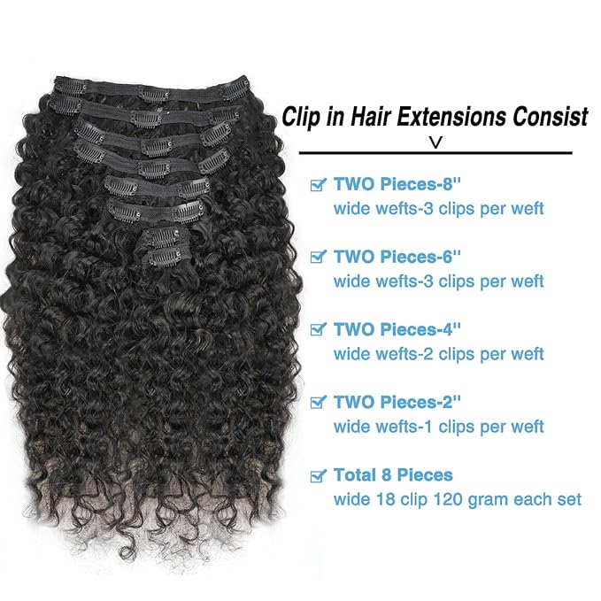 Burmese Curly Clip in Hair Extensions Real Human Hair 8Pcs Brazilian Human Hair Clip ins for Black Women With 18Clips 120g 14inch #1B Natural Black