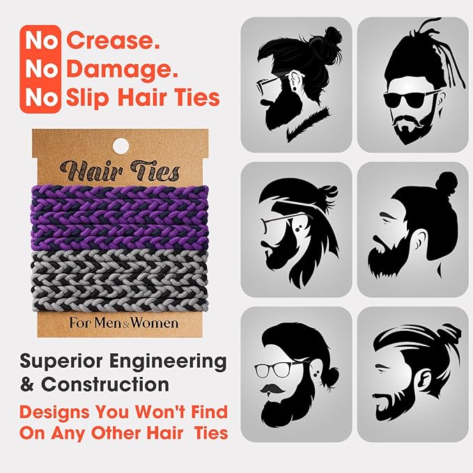 EasYoung 10pcs Braided Men's Hair Ties for Buns, Curly, Thick Dense Hair - Elastic Coils for Men & Women, No Crease